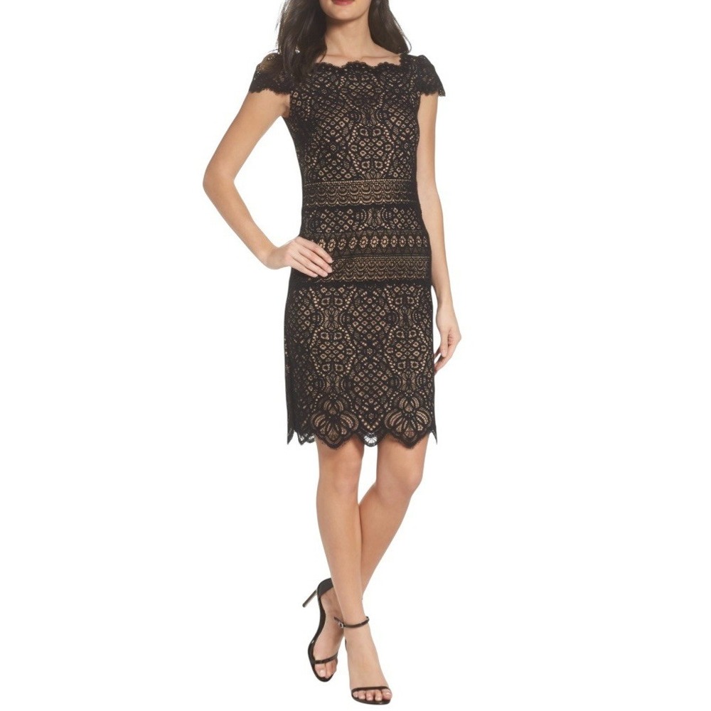 TADASHI SHOJI Femie Black Medallion Corded Lace Nude Lined Sheath Dress 14